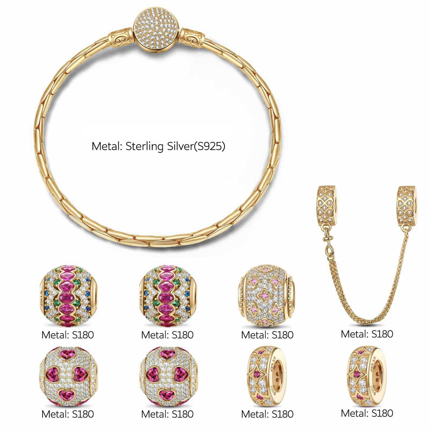 Sterling Silver Enchanted Dance Charms Bracelet Set In 14K Gold Plated (Includes bracelet and all charms shown)