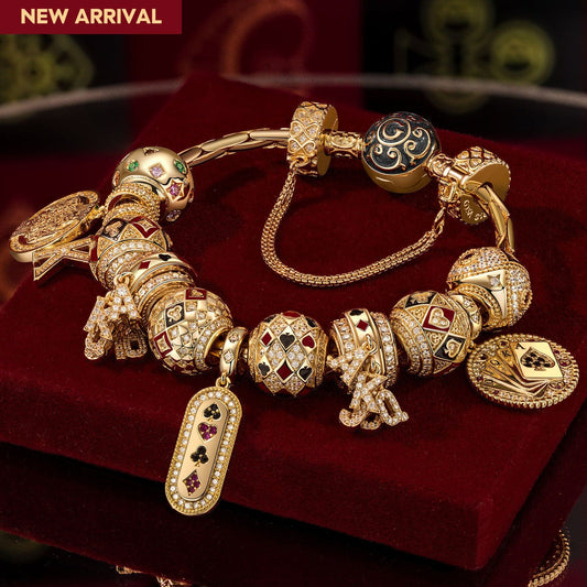 gona- Sterling Silver Destiny's Card Charms Bracelet Set With Enamel In 14K Gold Plated (Includes bracelet and all charms shown)