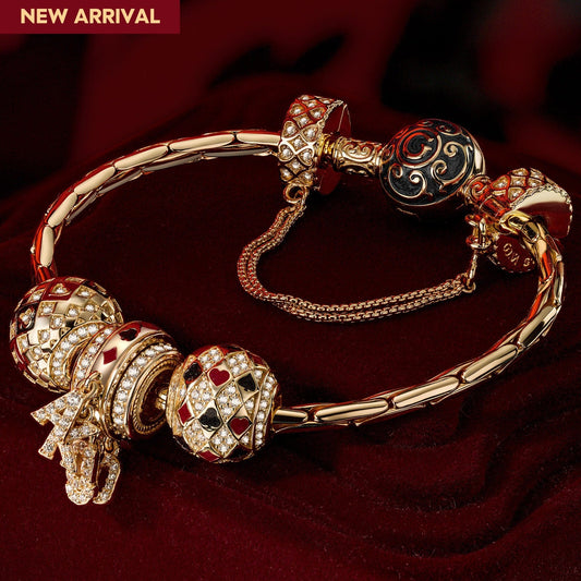 gona- Sterling Silver Fortune's Favor Charms Bracelet Set With Enamel In 14K Gold Plated (Includes bracelet and all charms shown)