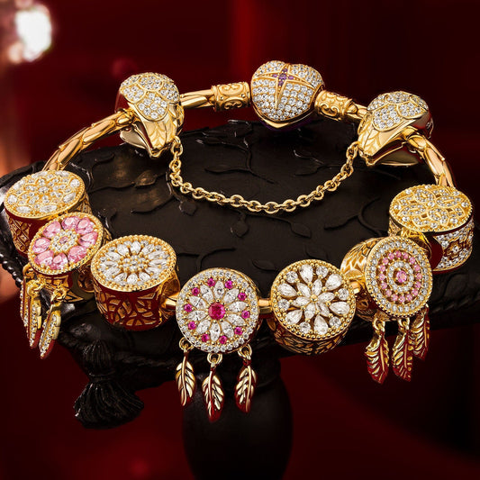 gona- Flash Sale: Sterling Silver Rosy Dreams Charms Bracelet Set In 14K Gold Plated (Includes bracelet and all charms shown)