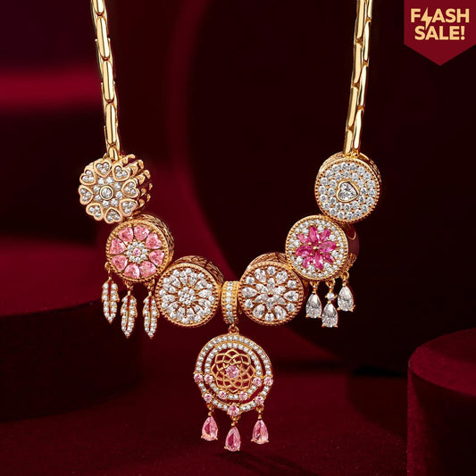 gona- Sterling Silver Rosy Dreams Charms Necklace Set In 14K Gold Plated
