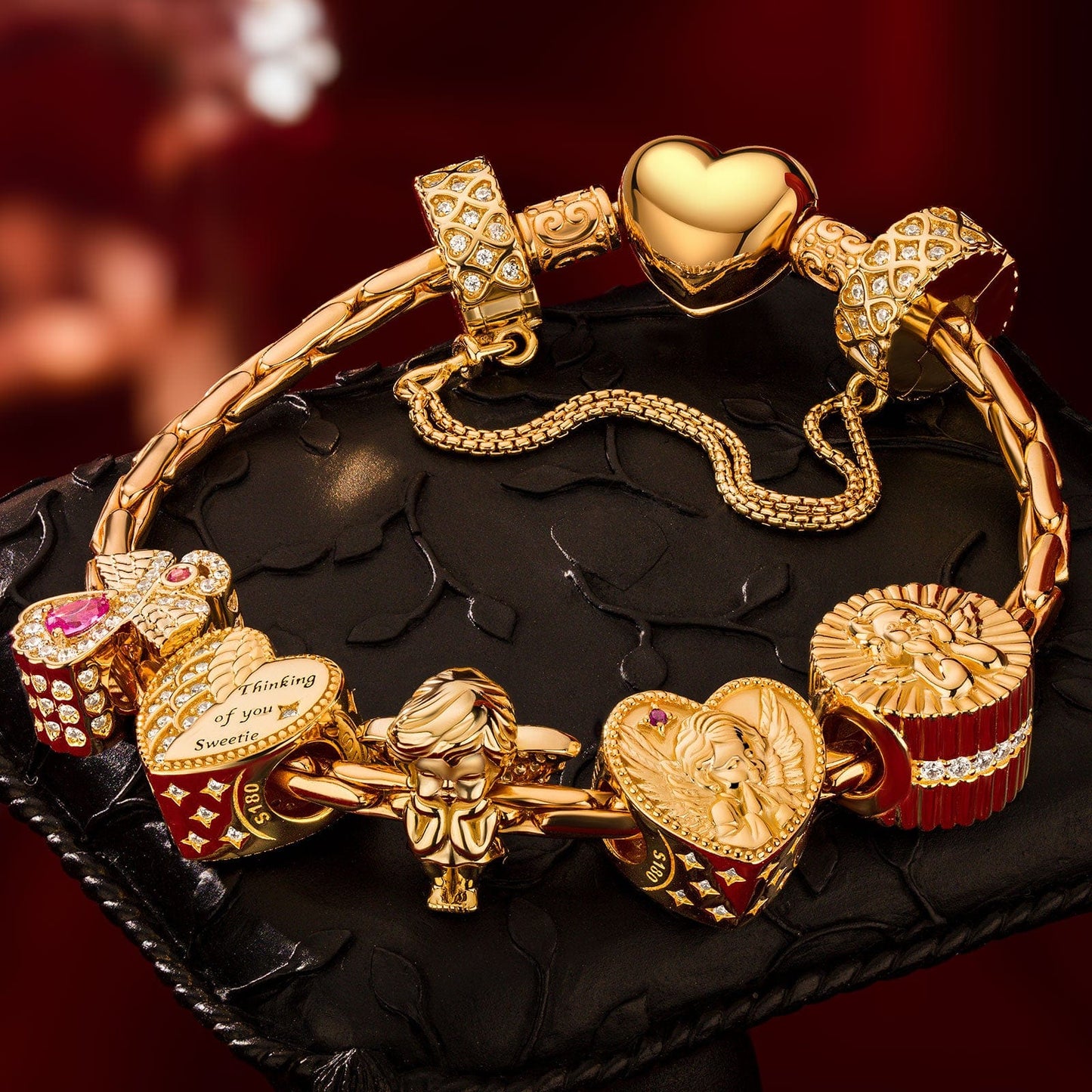 Sterling Silver Angel's Kiss Charms Bracelet Set In 14K Gold Plated (Includes bracelet and all charms shown)
