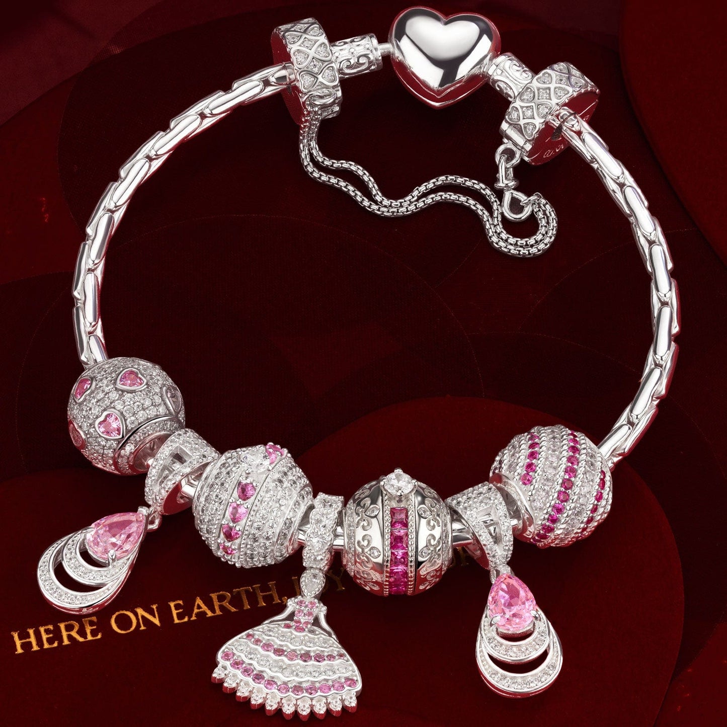Sterling Silver Pink Petal Princess Charms Bracelet Set In White Gold Plated (Includes bracelet and all charms shown)