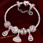 Sterling Silver Pink Petal Princess Charms Bracelet Set In White Gold Plated (Includes bracelet and all charms shown)