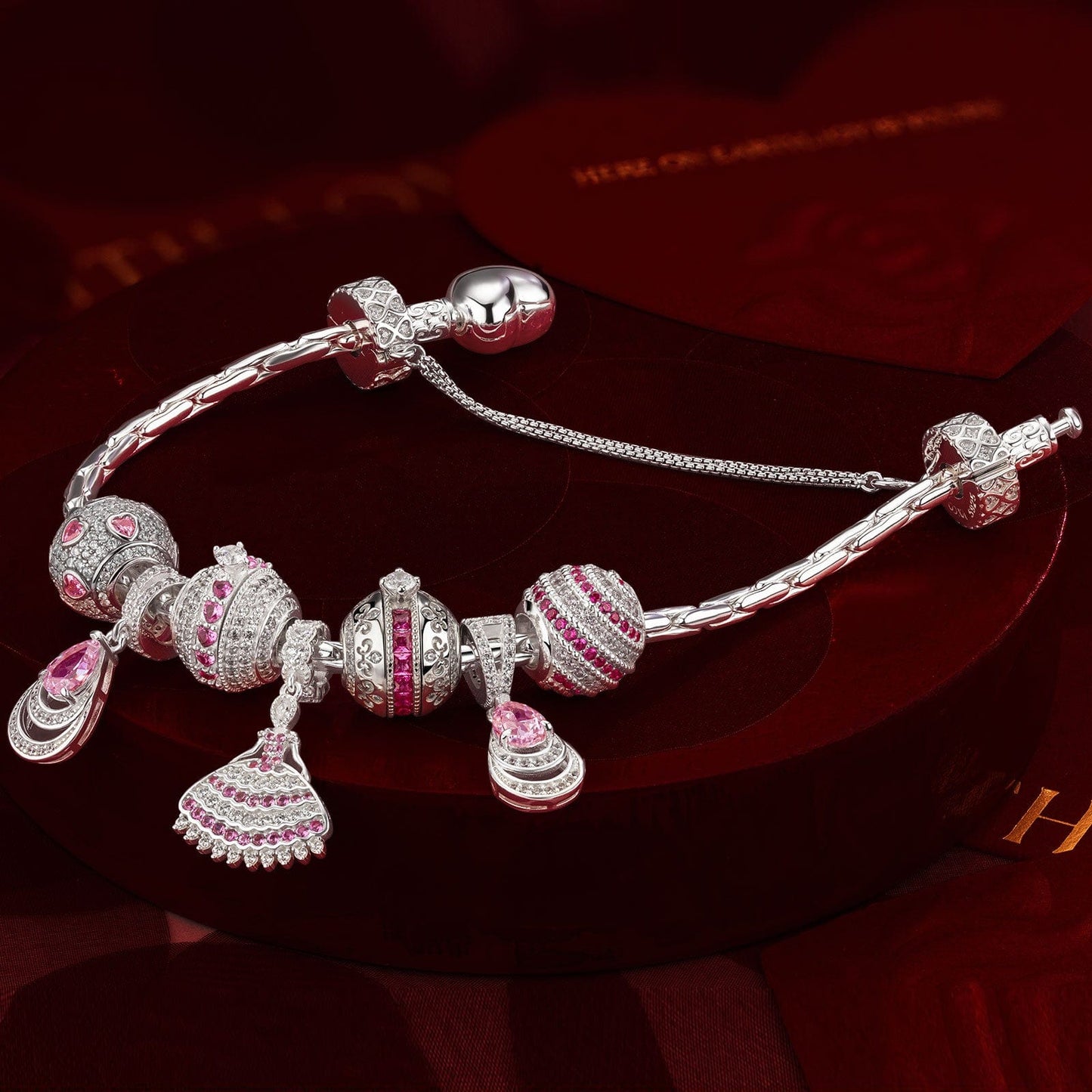 Sterling Silver Pink Petal Princess Charms Bracelet Set In White Gold Plated (Includes bracelet and all charms shown)