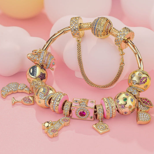 gona- Sterling Silver Dreamy Getaways Charms Bracelet Set With Enamel In 14K Gold Plated (Includes bracelet and all charms shown)