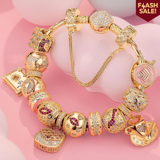 gon- Sterling Silver Elegant Bliss Charms Bracelet Set With Enamel In 14K Gold Plated (Includes bracelet and all charms shown)