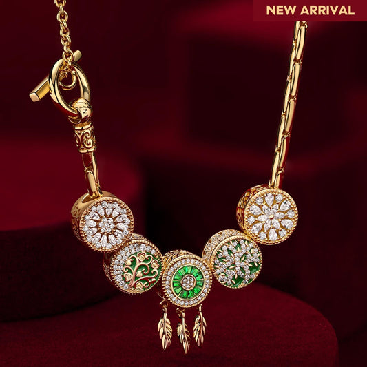 gona- Sterling Silver Dreamweaving in Greenery Charms Necklace Set With Enamel In 14K Gold Plated