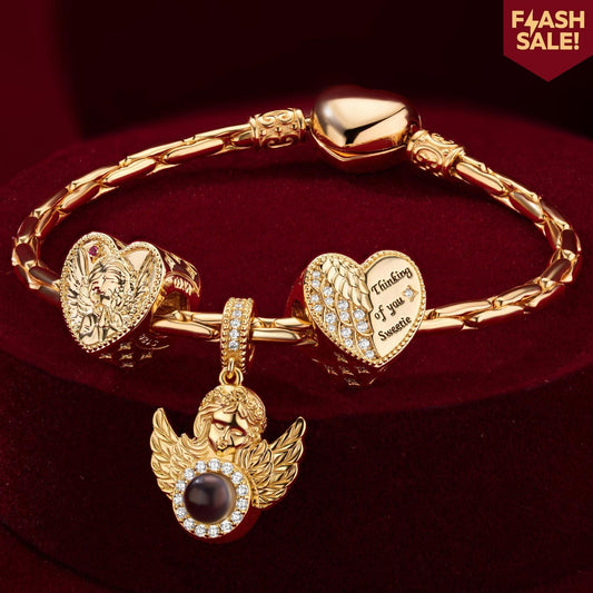 gona- Sterling Silver Golden Embrace Charms Bracelet Set In 14K Gold Plated Embed with a I Love You 100 Languages Light Projection Gemstone (Includes bracelet and all charms shown)