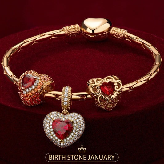 gona- Sterling Silver Crimson Heart: January Garnet Charms Bracelet Set In 14K Gold Plated (Includes bracelet and all charms shown)