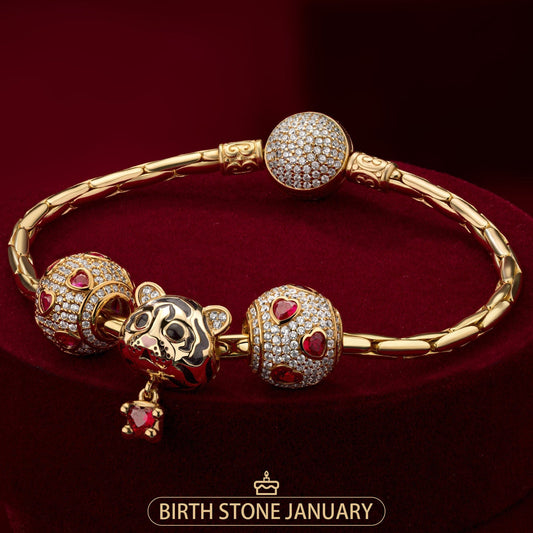 gona- Sterling Silver Fiery Tiger: January Garnet Charms Bracelet Set In 14K Gold Plated (Includes bracelet and all charms shown)