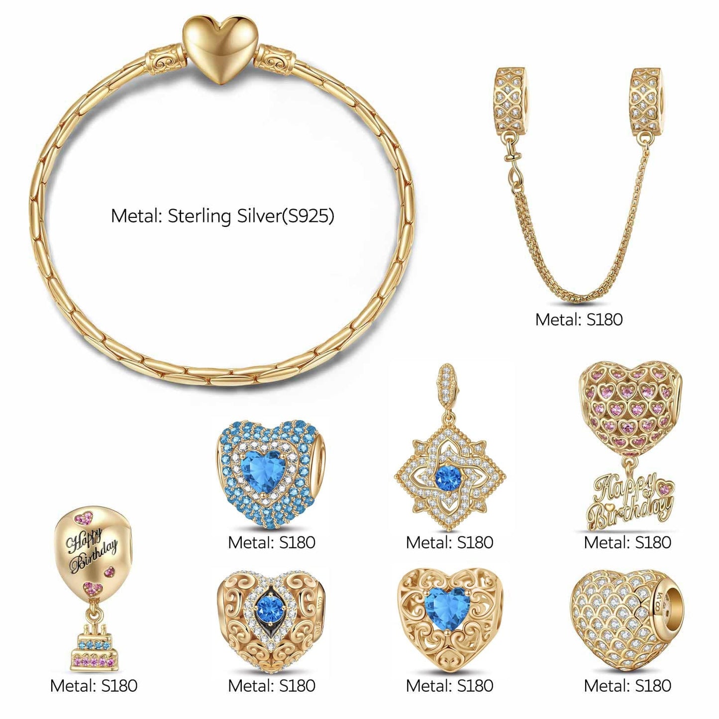 Sterling Silver Winter Celebration: December Blue Topaz Charms Bracelet Set In 14K Gold Plated (Includes bracelet and all charms shown)