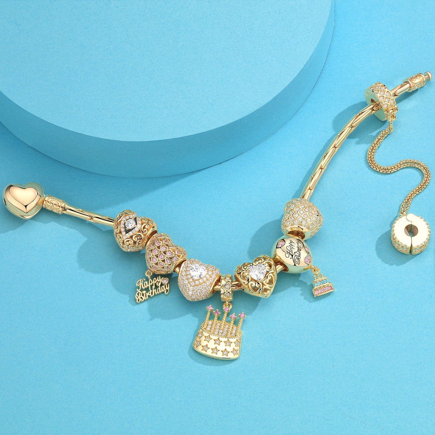 Sterling Silver Dazzling Fortitude: April Diamond Charms Bracelet Set In 14K Gold Plated (Includes bracelet and all charms shown)