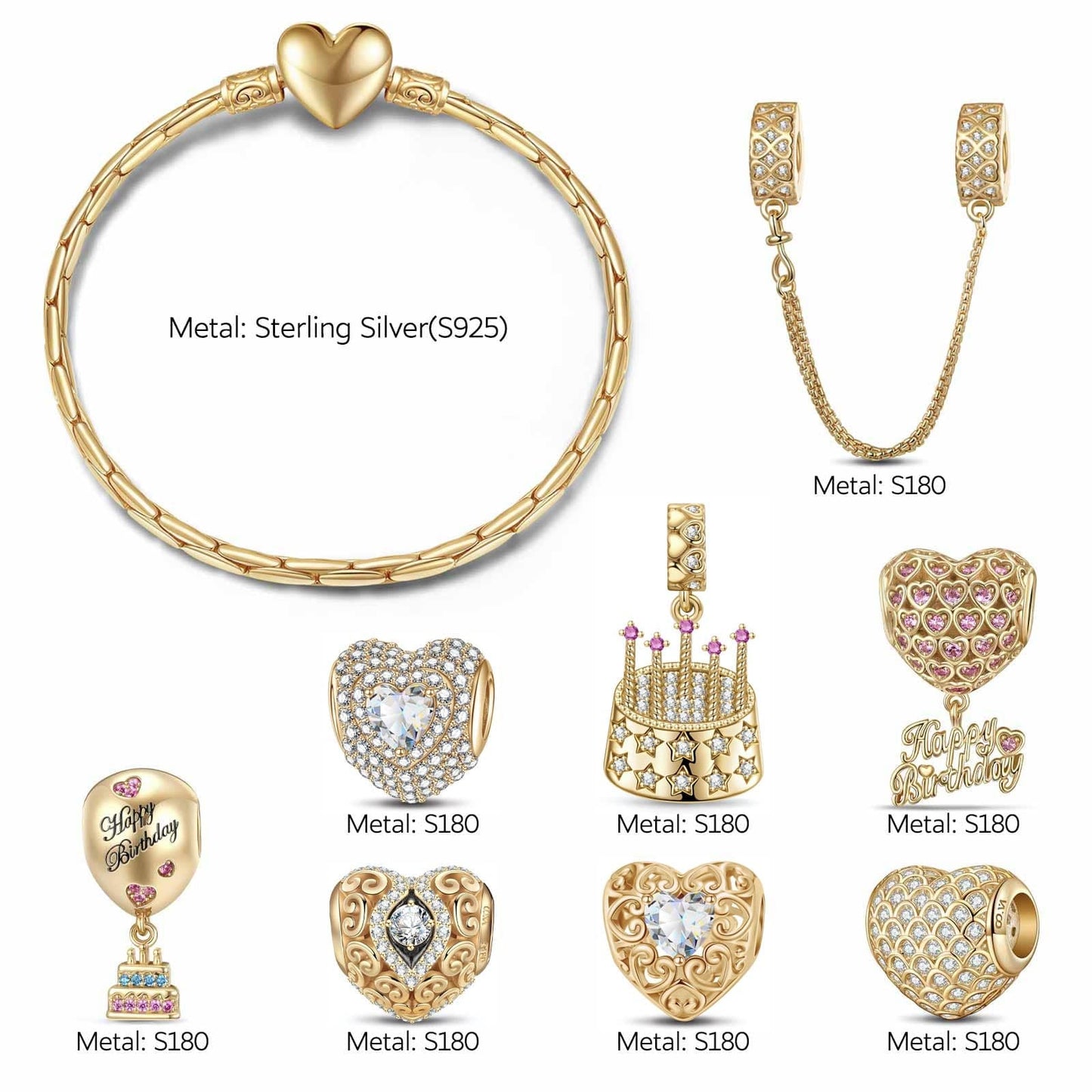Sterling Silver Dazzling Fortitude: April Diamond Charms Bracelet Set In 14K Gold Plated (Includes bracelet and all charms shown)