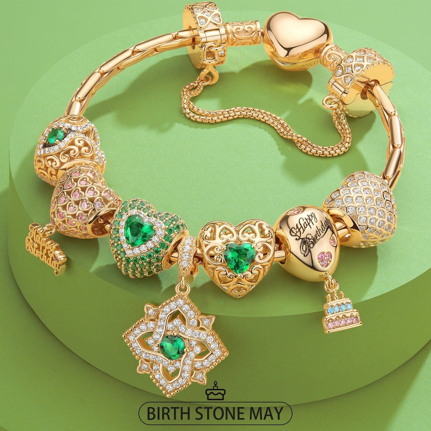 Sterling Silver Verdant Vitality: May Emerald Charms Bracelet Set In 14K Gold Plated (Includes bracelet and all charms shown)