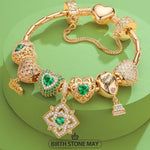Sterling Silver Verdant Vitality: May Emerald Charms Bracelet Set In 14K Gold Plated (Includes bracelet and all charms shown)