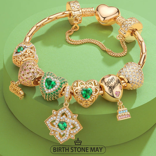 gona- Sterling Silver Verdant Vitality: May Emerald Charms Bracelet Set In 14K Gold Plated (Includes bracelet and all charms shown)