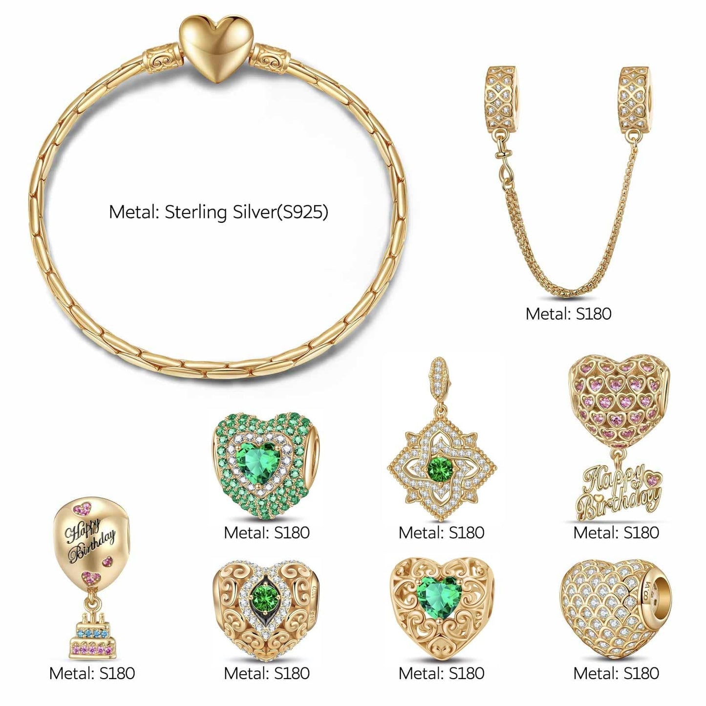 Sterling Silver Verdant Vitality: May Emerald Charms Bracelet Set In 14K Gold Plated (Includes bracelet and all charms shown)