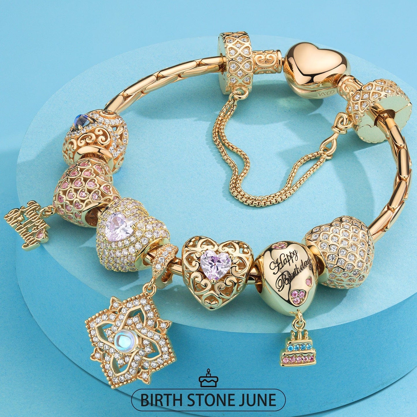 Sterling Silver Elegant Softness: June Moonstone Charms Bracelet Set In 14K Gold Plated (Includes bracelet and all charms shown)