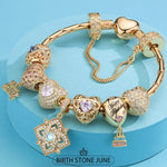 Sterling Silver Elegant Softness: June Moonstone Charms Bracelet Set In 14K Gold Plated (Includes bracelet and all charms shown)