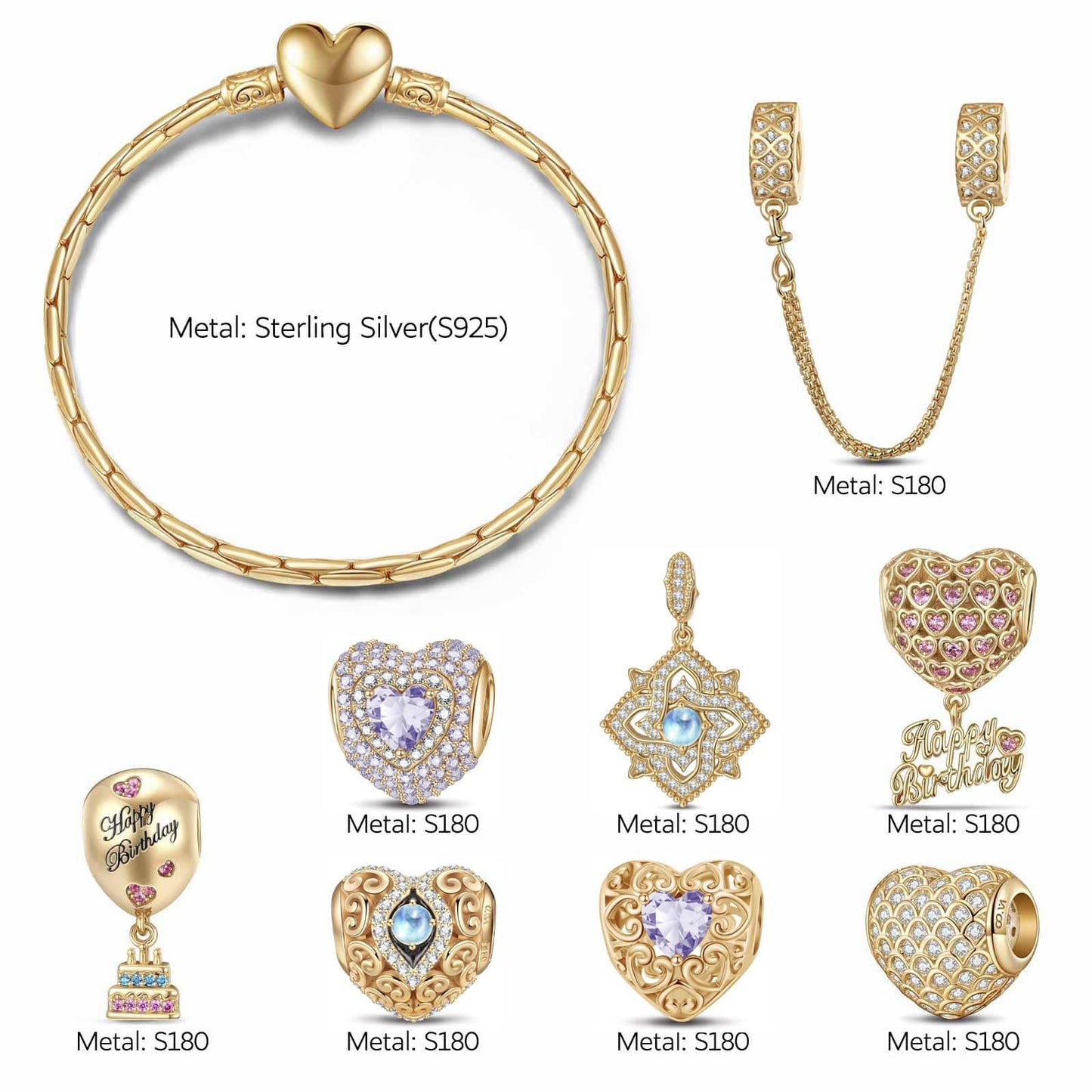 Sterling Silver Elegant Softness: June Moonstone Charms Bracelet Set In 14K Gold Plated (Includes bracelet and all charms shown)