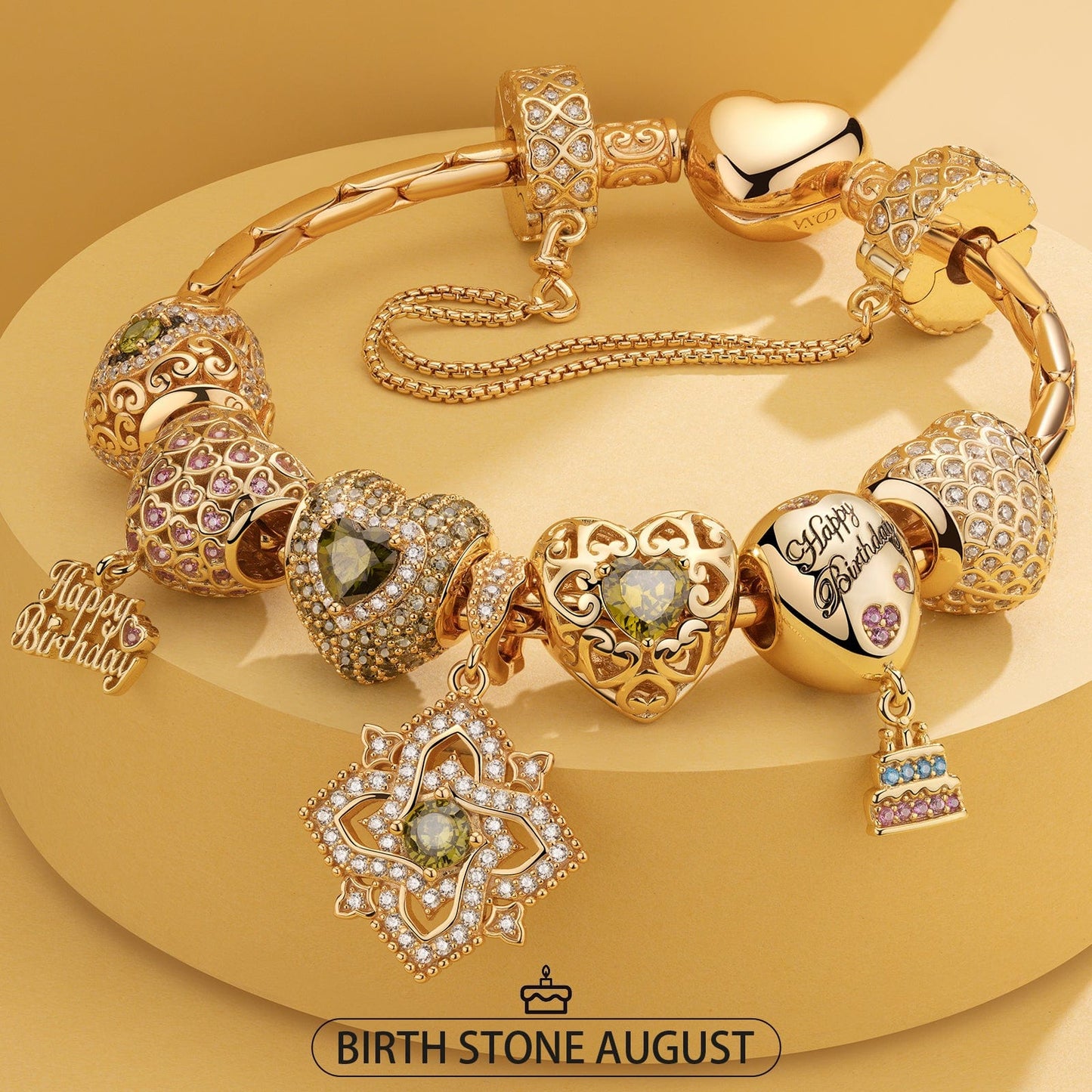 Sterling Silver Green Freshness: August Peridot Charms Bracelet Set In 14K Gold Plated (Includes bracelet and all charms shown)