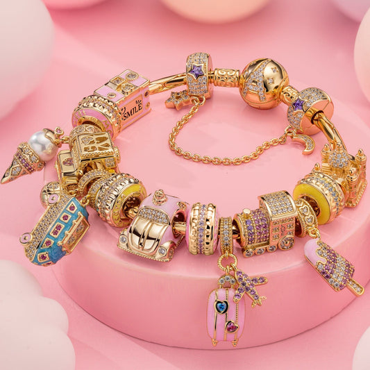 gona- Sterling Silver Blissful Adventures Charms Bracelet Set With Enamel In 14K Gold Plated (Includes bracelet and all charms shown)
