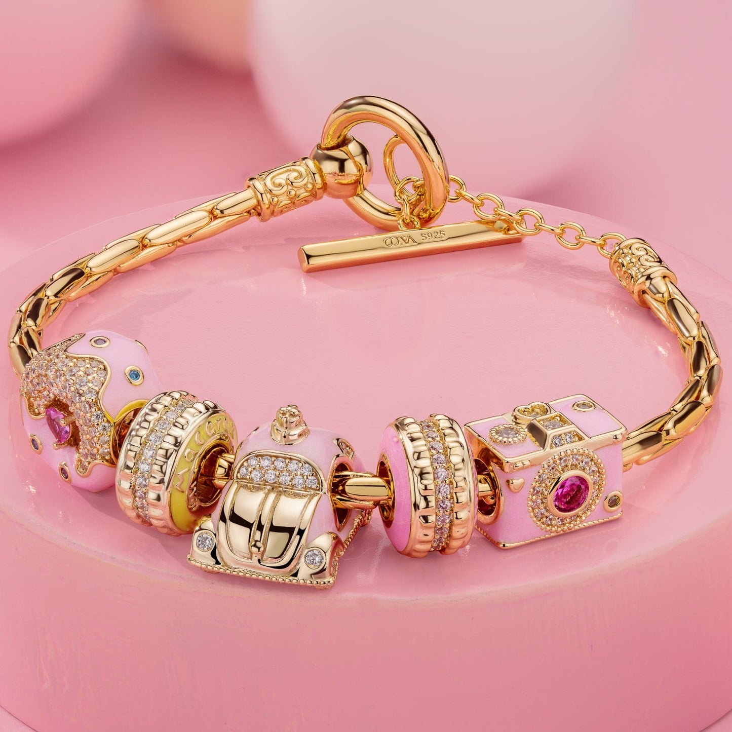Sterling Silver Carefree Journeys Charms Bracelet Set With Enamel In 14K Gold Plated (Includes bracelet and all charms shown)