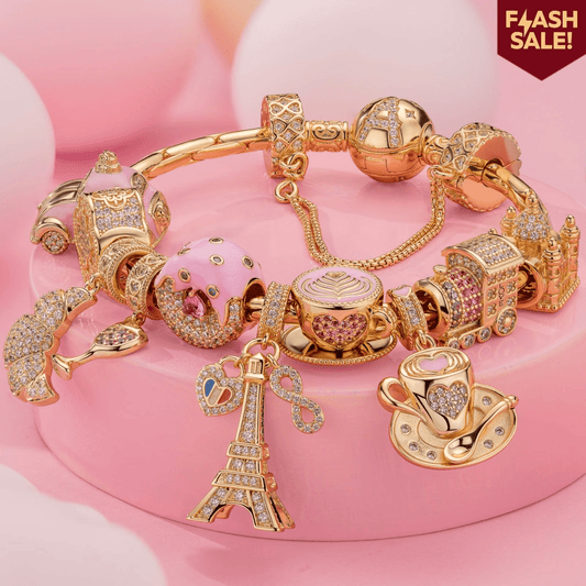 gona- Sterling Silver Gastronomic Delights Charms Bracelet Set In 14K Gold Plated (Includes bracelet and all charms shown)