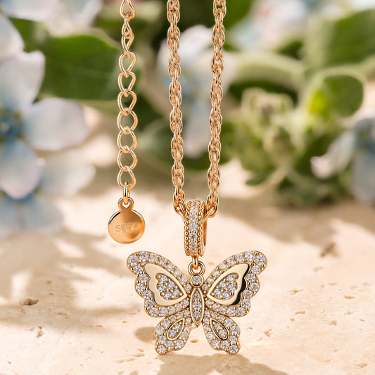 gona- Sterling Silver Golden Flutter Charms Necklace Set In 14K Gold Plated