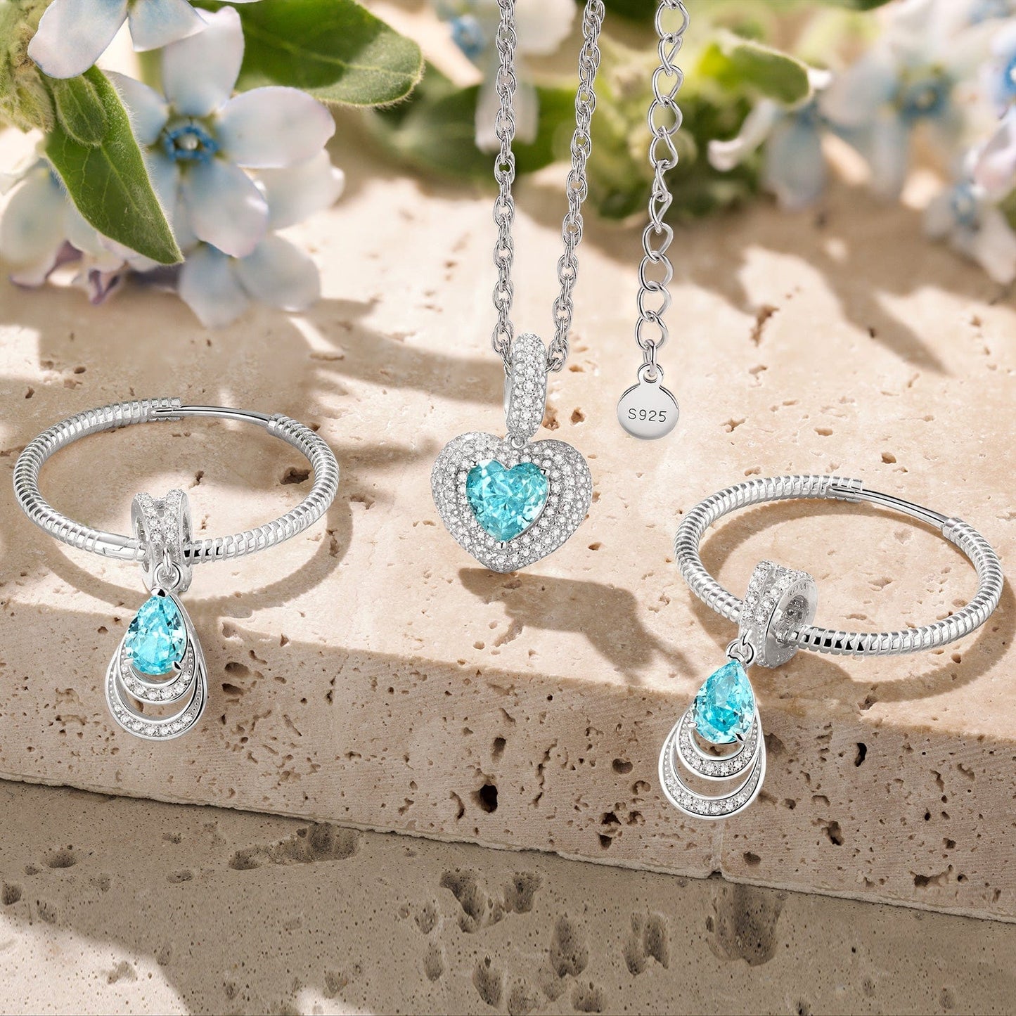 Sterling Silver Ocean's Embrace Charms Necklace and Earrings Set In White Gold Plated