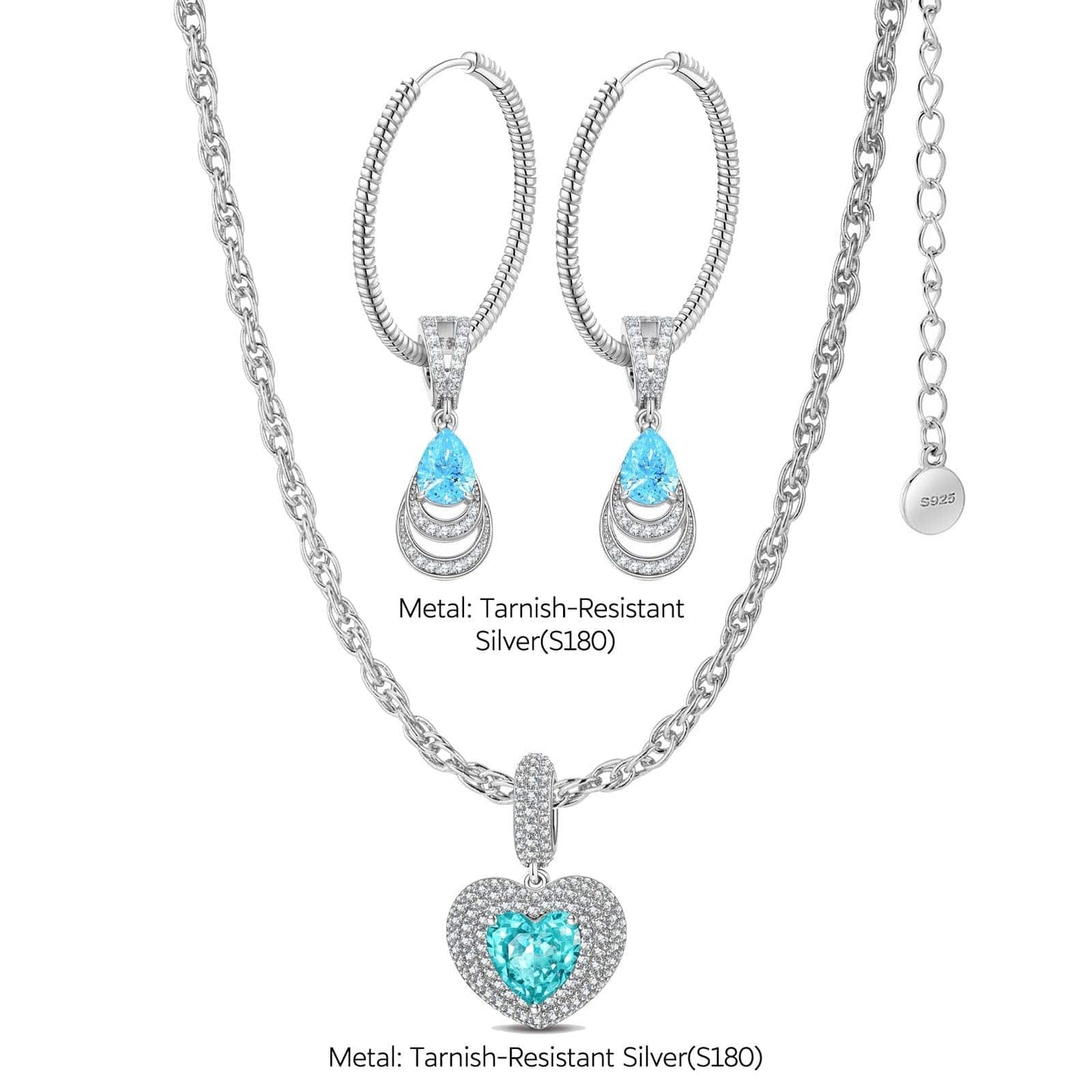 Sterling Silver Ocean's Embrace Charms Necklace and Earrings Set In White Gold Plated