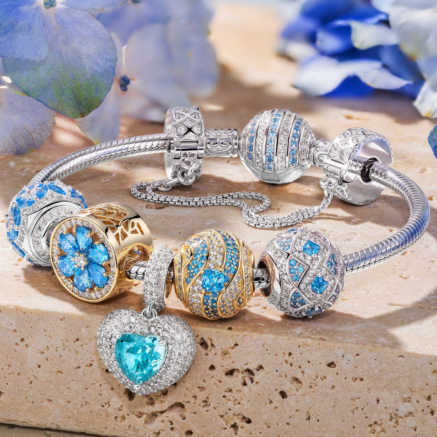 Sterling Silver Oceanic Horizon Charms Bracelet Set, Featuring Dual Plating in 14K Gold and White Gold (Includes bracelet and all charms shown)