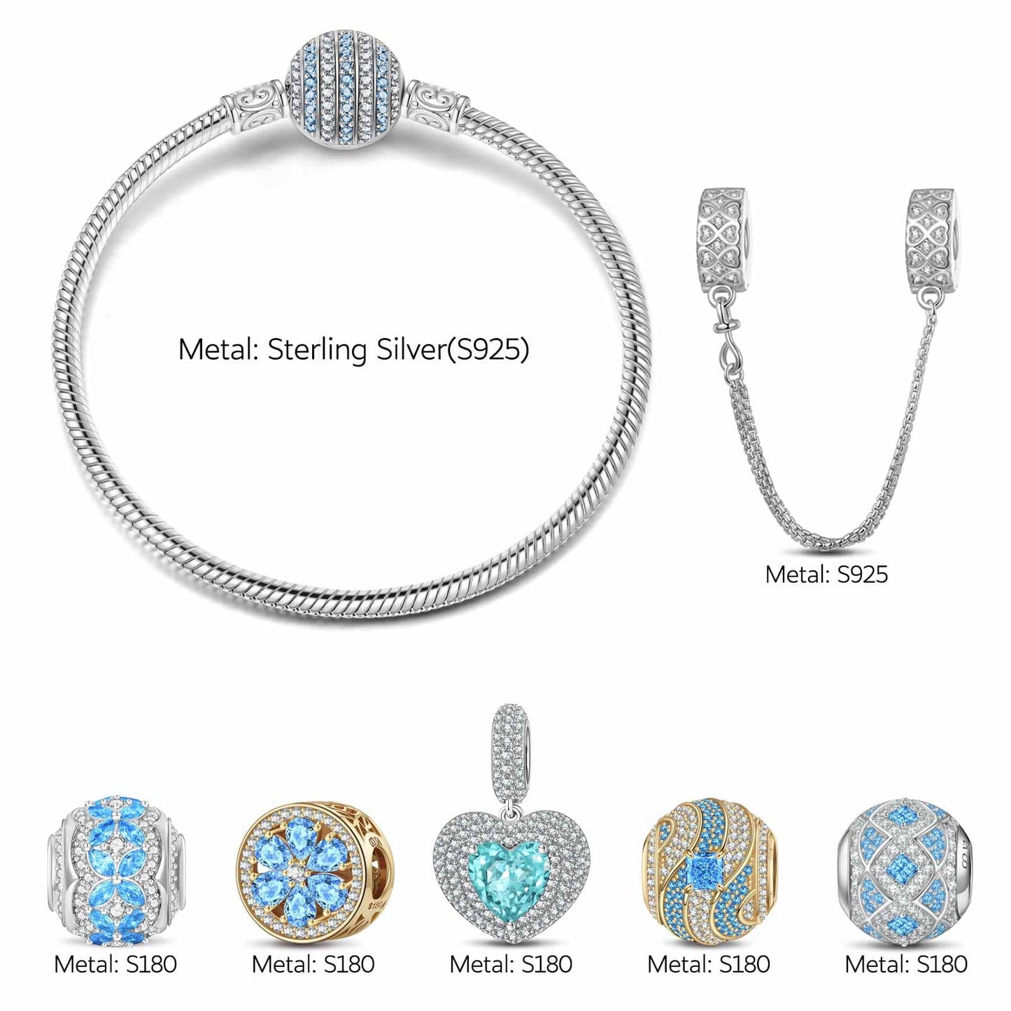 Sterling Silver Oceanic Horizon Charms Bracelet Set, Featuring Dual Plating in 14K Gold and White Gold (Includes bracelet and all charms shown)