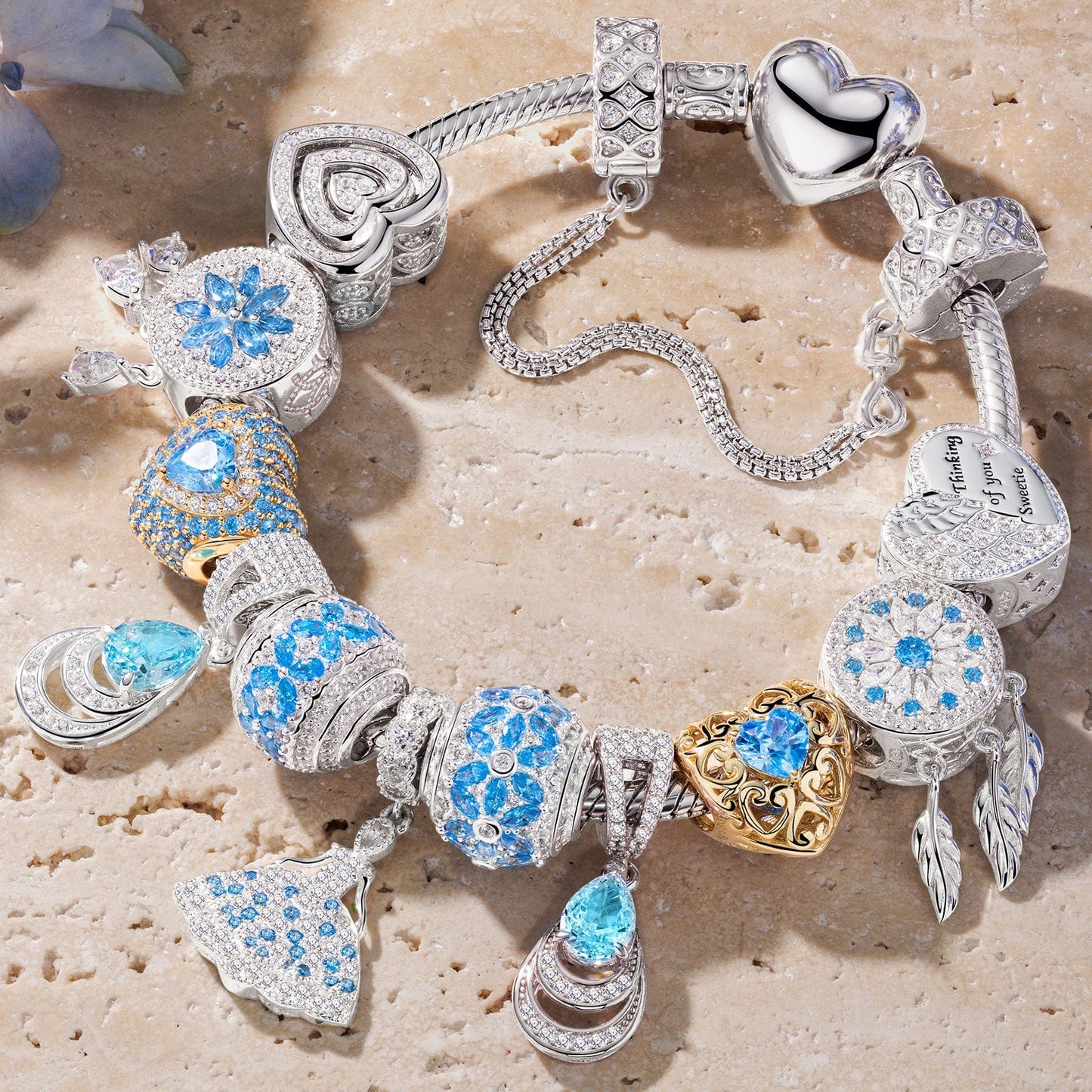 Sterling Silver Oceanic Blossoms Charms Bracelet Set, Featuring Dual Plating in 14K Gold and White Gold (Includes bracelet and all charms shown)