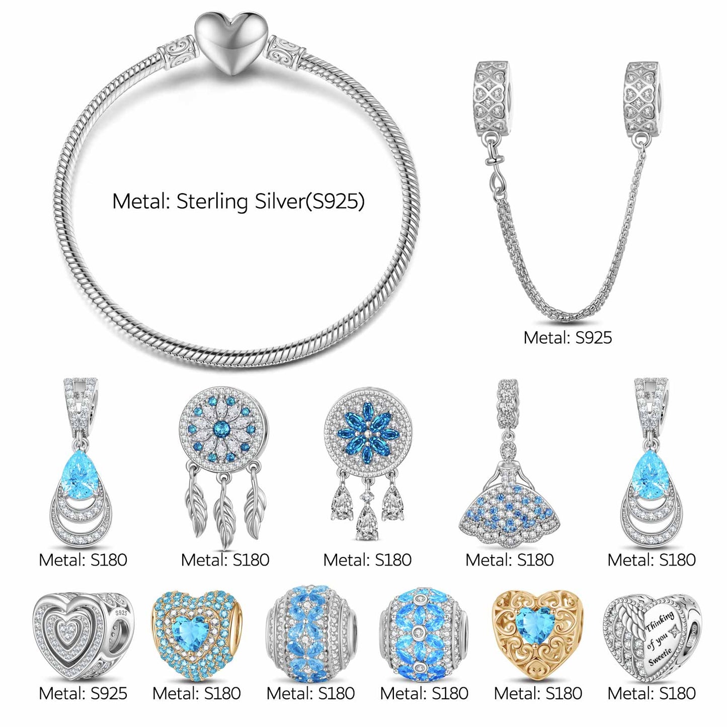 Sterling Silver Oceanic Blossoms Charms Bracelet Set, Featuring Dual Plating in 14K Gold and White Gold (Includes bracelet and all charms shown)
