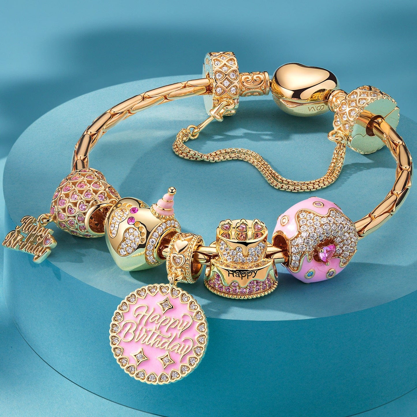 Sterling Silver Precious Moments Charms Bracelet Set With Enamel In 14K Gold Plated (Includes bracelet and all charms shown)