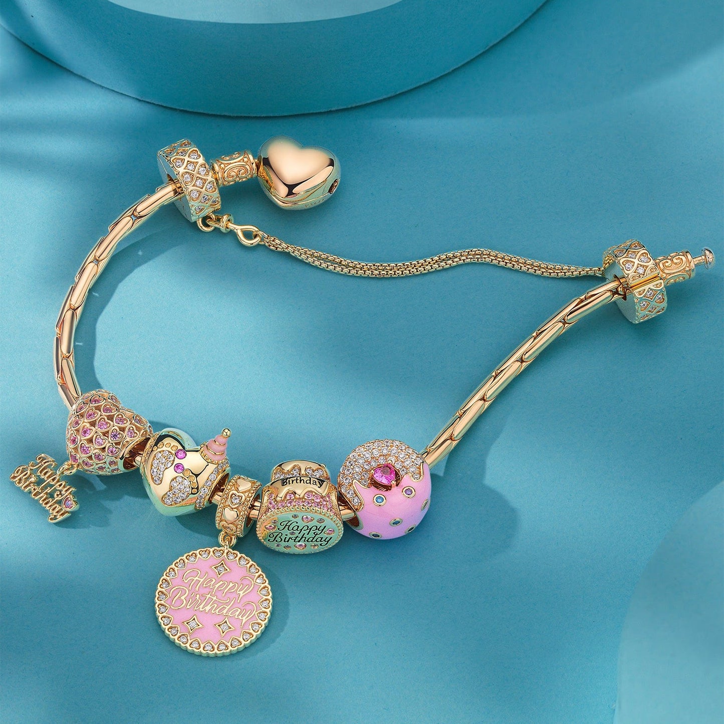 Sterling Silver Precious Moments Charms Bracelet Set With Enamel In 14K Gold Plated (Includes bracelet and all charms shown)