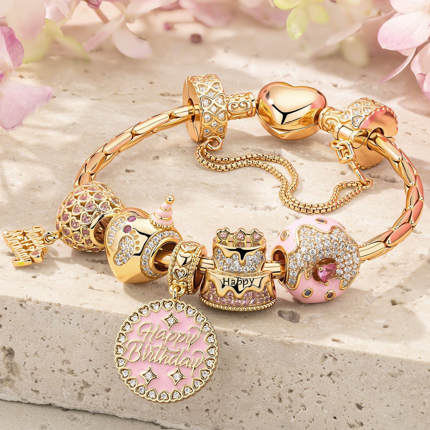Sterling Silver Precious Moments Charms Bracelet Set With Enamel In 14K Gold Plated (Includes bracelet and all charms shown)