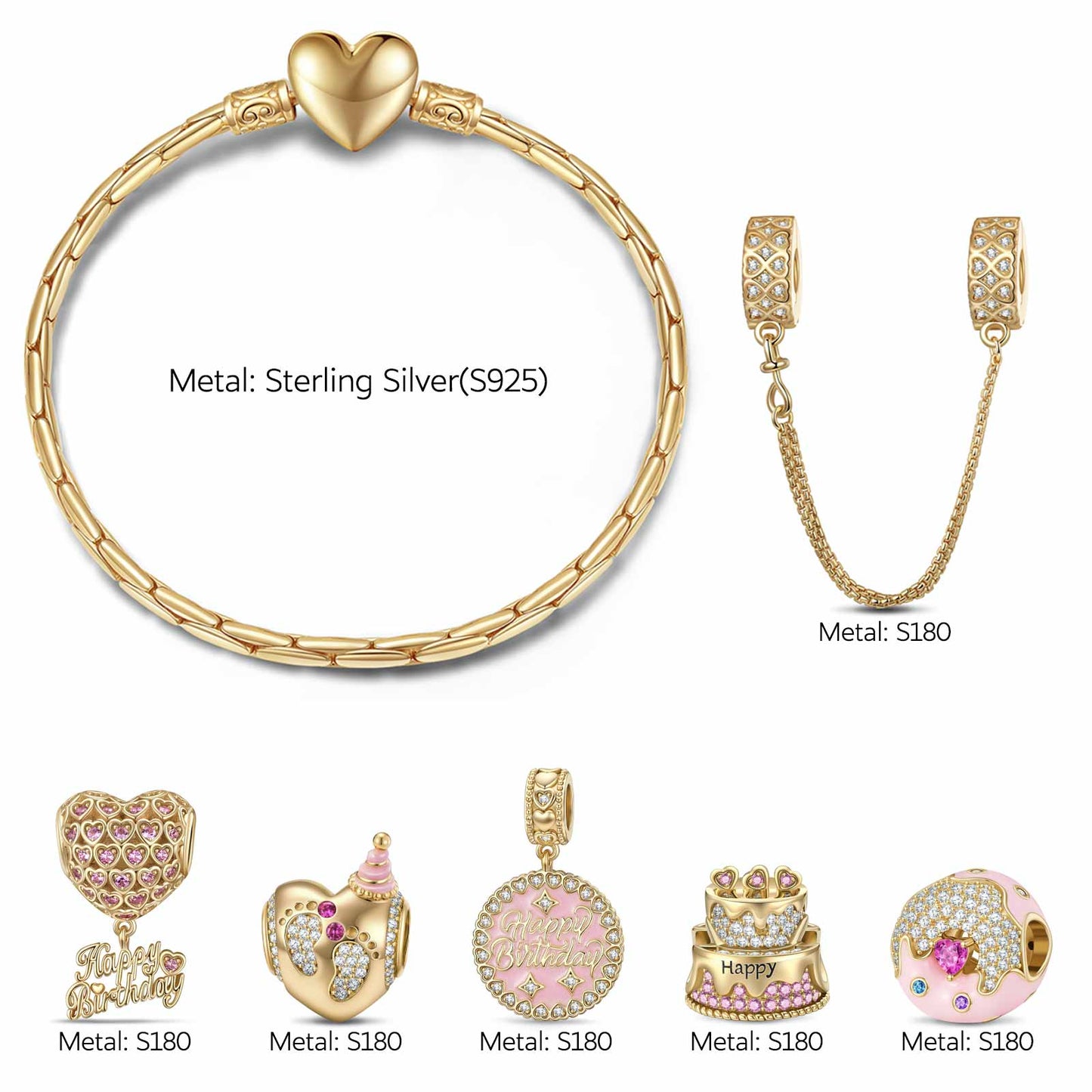 Sterling Silver Precious Moments Charms Bracelet Set With Enamel In 14K Gold Plated (Includes bracelet and all charms shown)