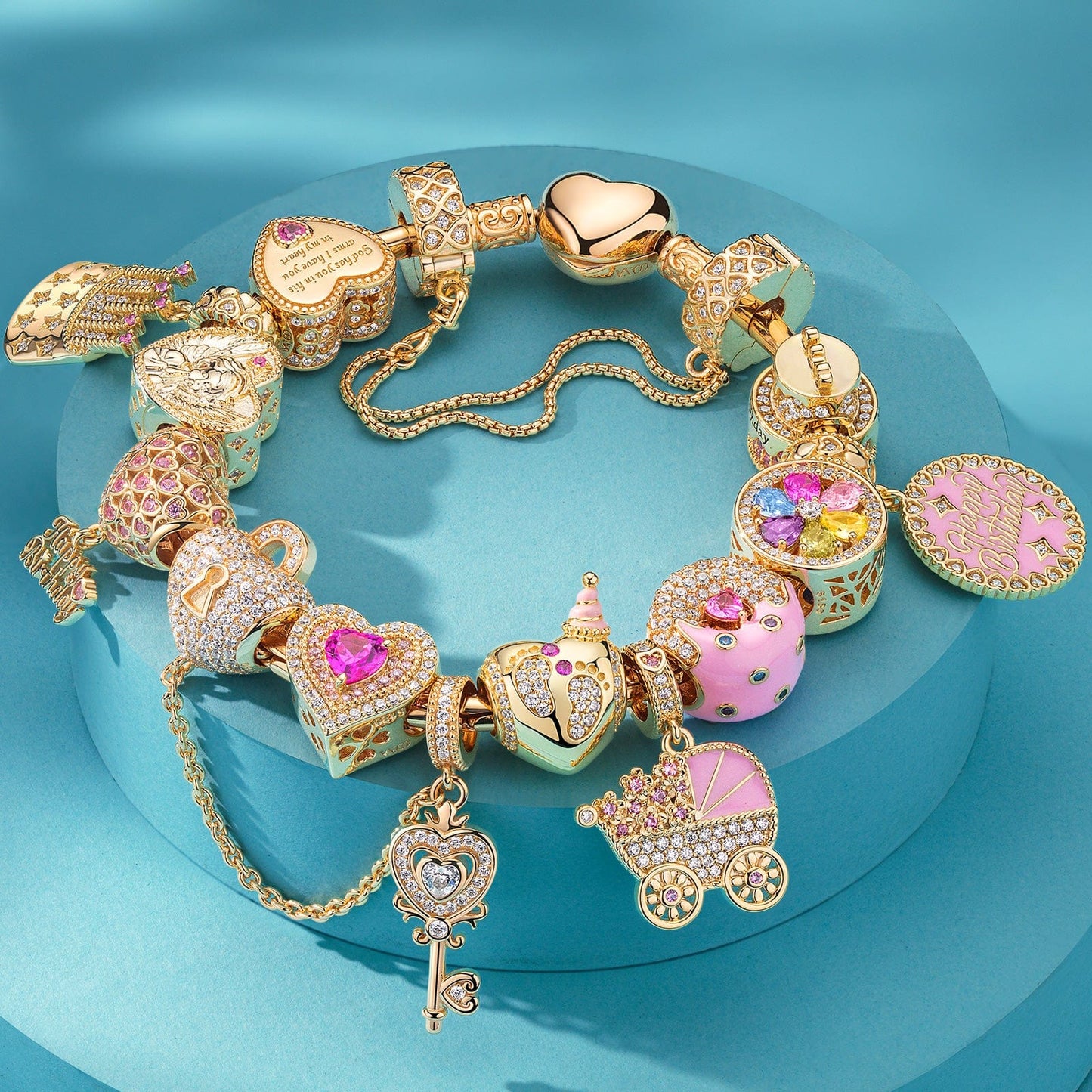 Sterling Silver Lustrous Celebration Charms Bracelet Set With Enamel In 14K Gold Plated (Includes bracelet and all charms shown)