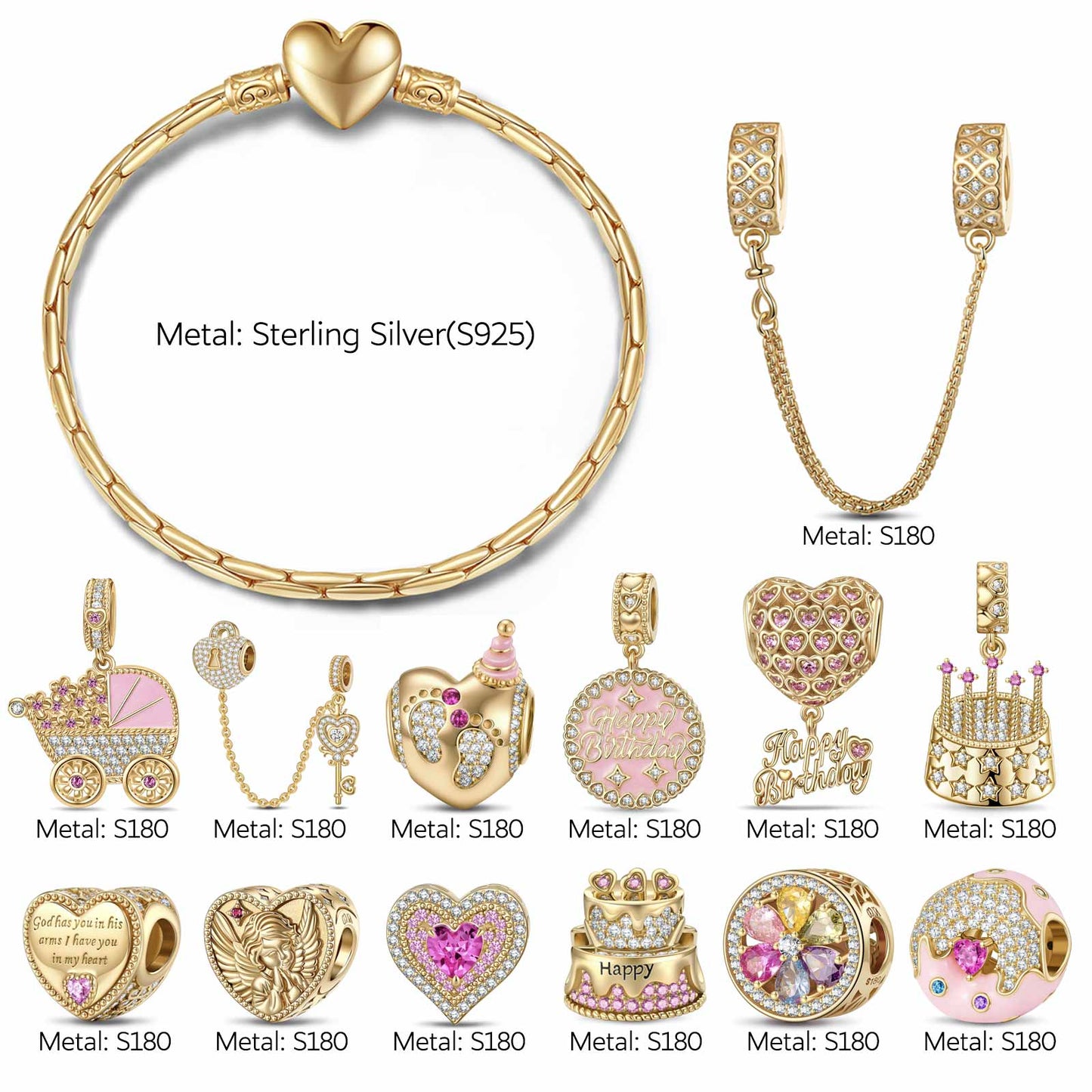 Sterling Silver Lustrous Celebration Charms Bracelet Set With Enamel In 14K Gold Plated (Includes bracelet and all charms shown)