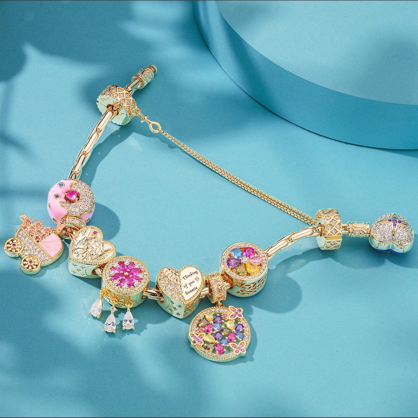 Sterling Silver Iridescent Joy Charms Bracelet Set With Enamel In 14K Gold Plated (Includes bracelet and all charms shown)