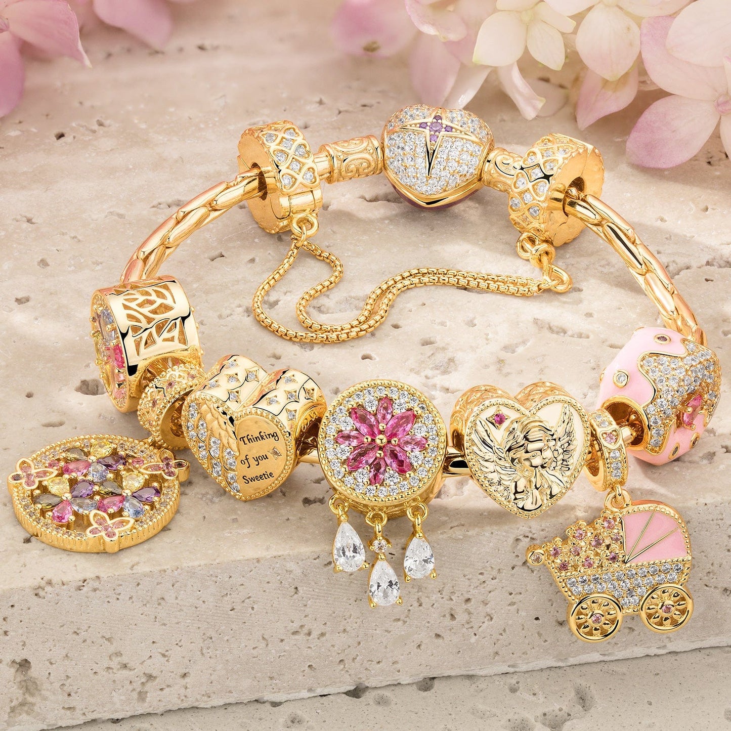 Sterling Silver Iridescent Joy Charms Bracelet Set With Enamel In 14K Gold Plated (Includes bracelet and all charms shown)