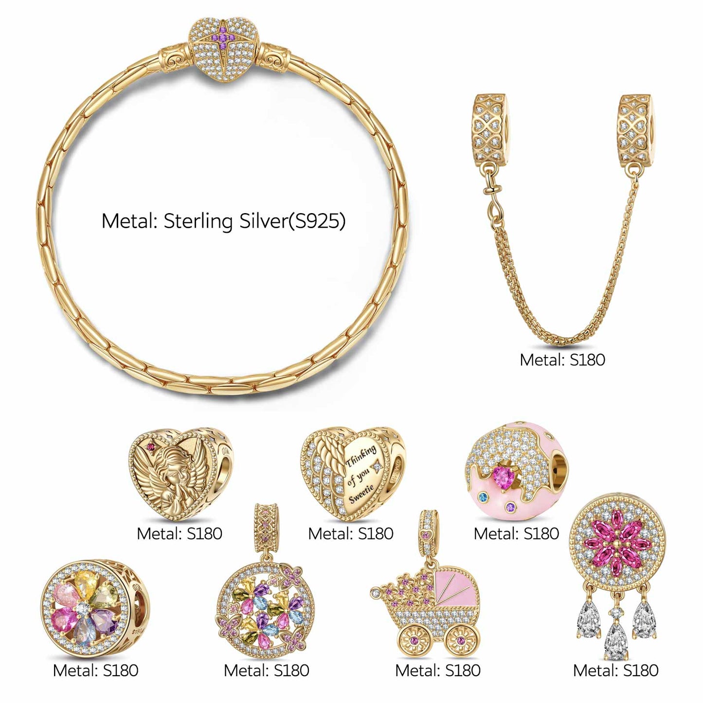 Sterling Silver Iridescent Joy Charms Bracelet Set With Enamel In 14K Gold Plated (Includes bracelet and all charms shown)