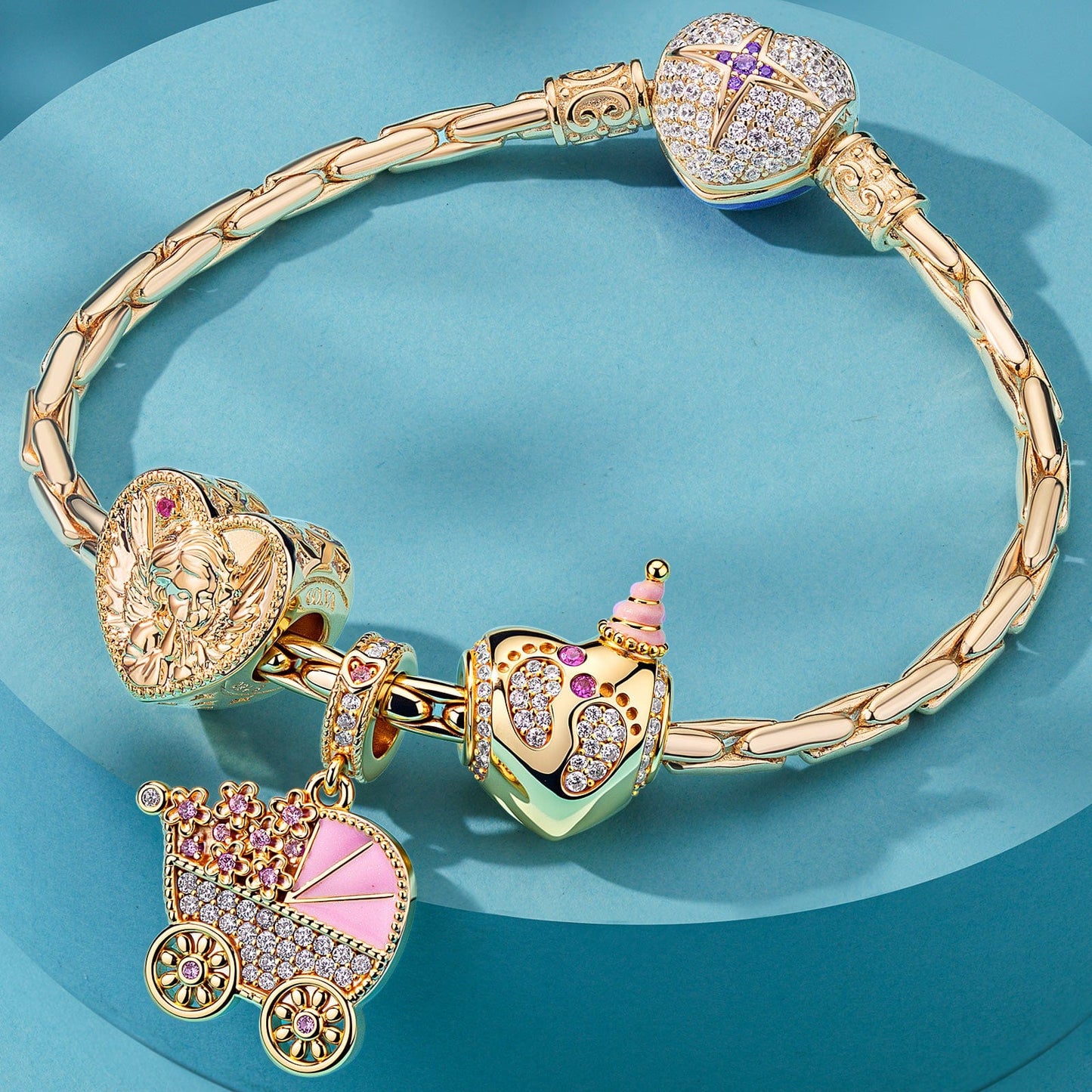 Sterling Silver Sweet Wishes Charms Bracelet Set With Enamel In 14K Gold Plated (Includes bracelet and all charms shown)