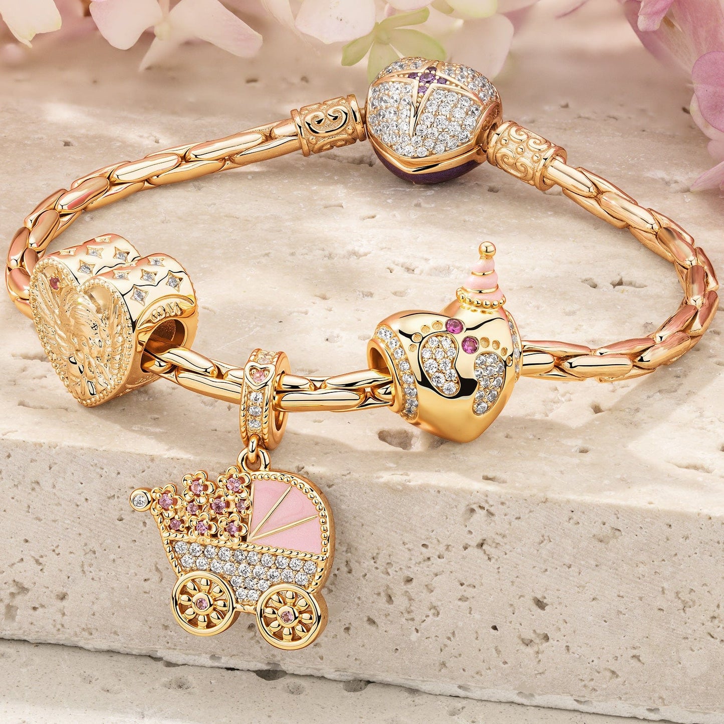 Sterling Silver Sweet Wishes Charms Bracelet Set With Enamel In 14K Gold Plated (Includes bracelet and all charms shown)