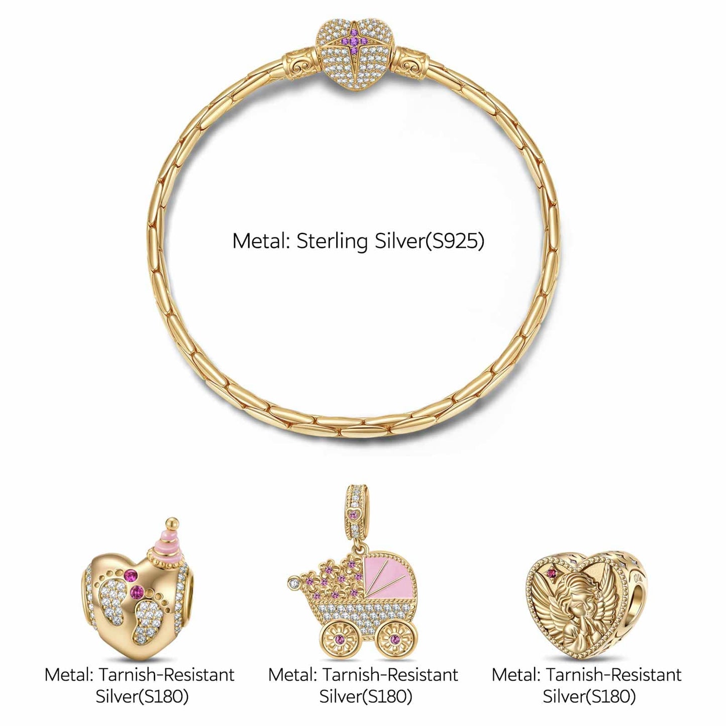 Sterling Silver Sweet Wishes Charms Bracelet Set With Enamel In 14K Gold Plated (Includes bracelet and all charms shown)