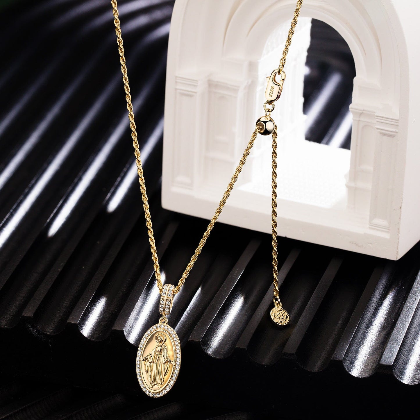 Sterling Silver Virgin Grace Charm Necklace Set In 14K Gold Plated