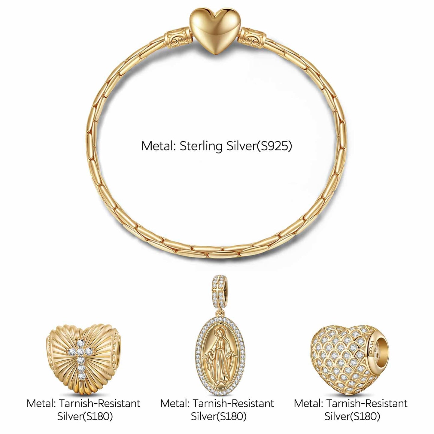 Sterling Silver Blessed Harmony Charms Bracelet Set In 14K Gold Plated (Includes bracelet and all charms shown)